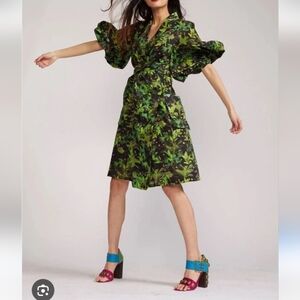 Cynthia Rowley / Amira Robe Dress Green Leaves Moon Star Print